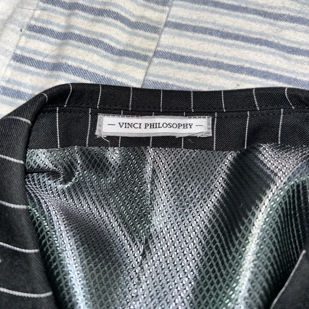 Vinci Men's Brown Pinstripe Three-Button Suit with Cream Bow Tie